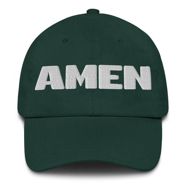 A dark green baseball cap with the word 'AMEN' embroidered in bold white block letters across the front, shown against a plain white background.