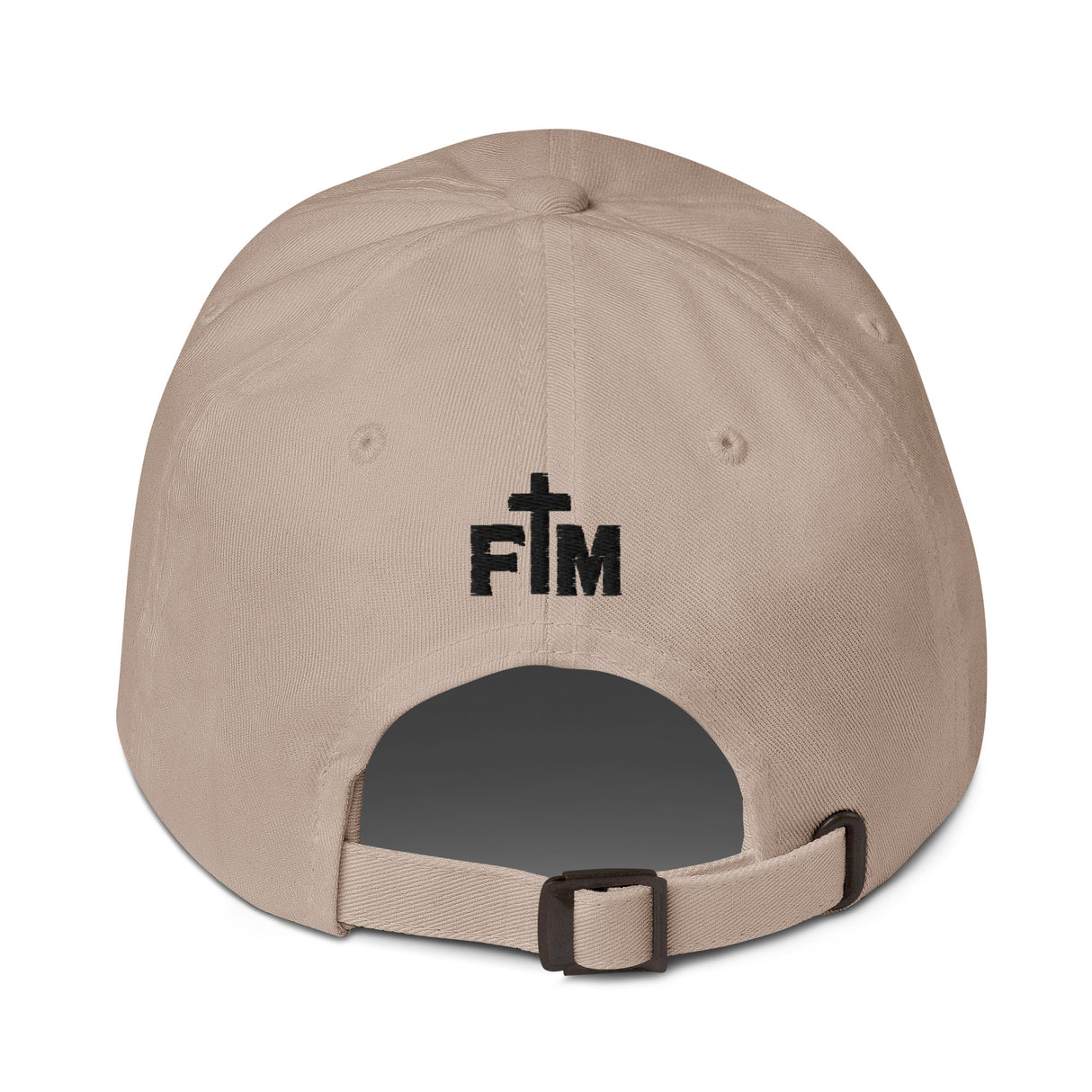 Beige cap with a black FM Faith Mode logo embroidered on the back against a white background