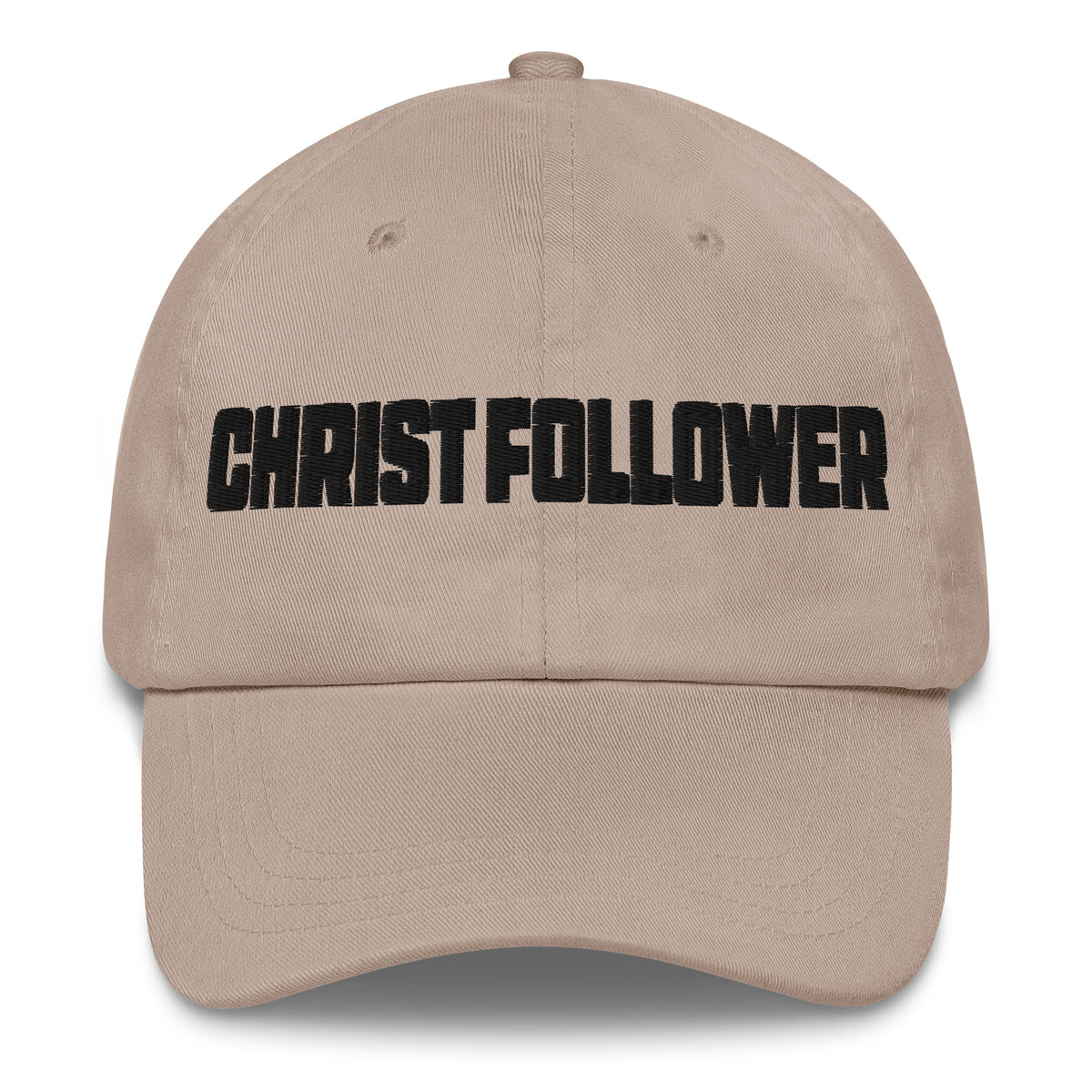 A beige baseball cap with the word 'CHRIST FOLLOWER' embroidered in bold black letters across the front, shown against a plain white background.