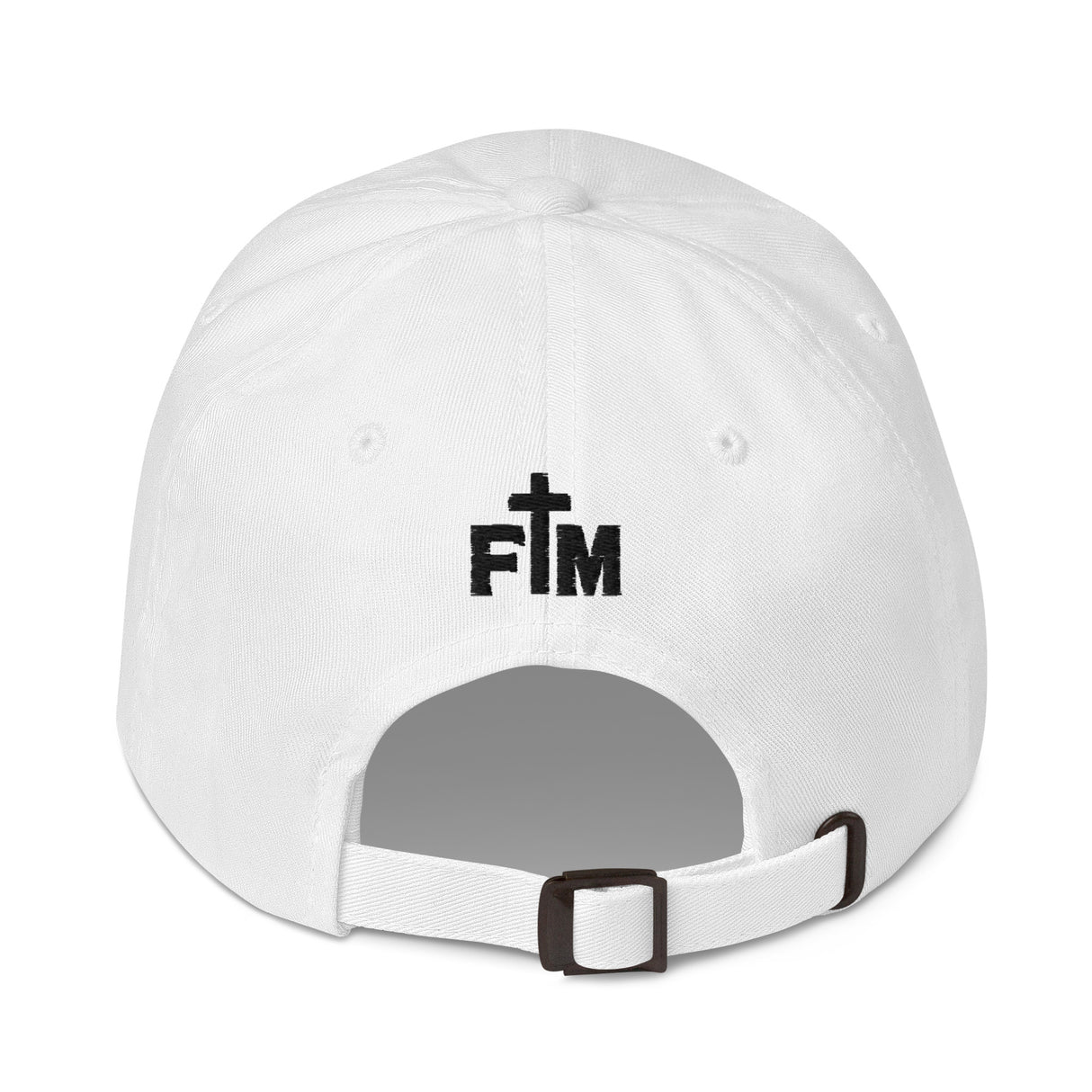 White baseball cap shown from the back, featuring a black embroidered cross and the letters 'FM' on the back panel, with an adjustable strap and black buckle.
