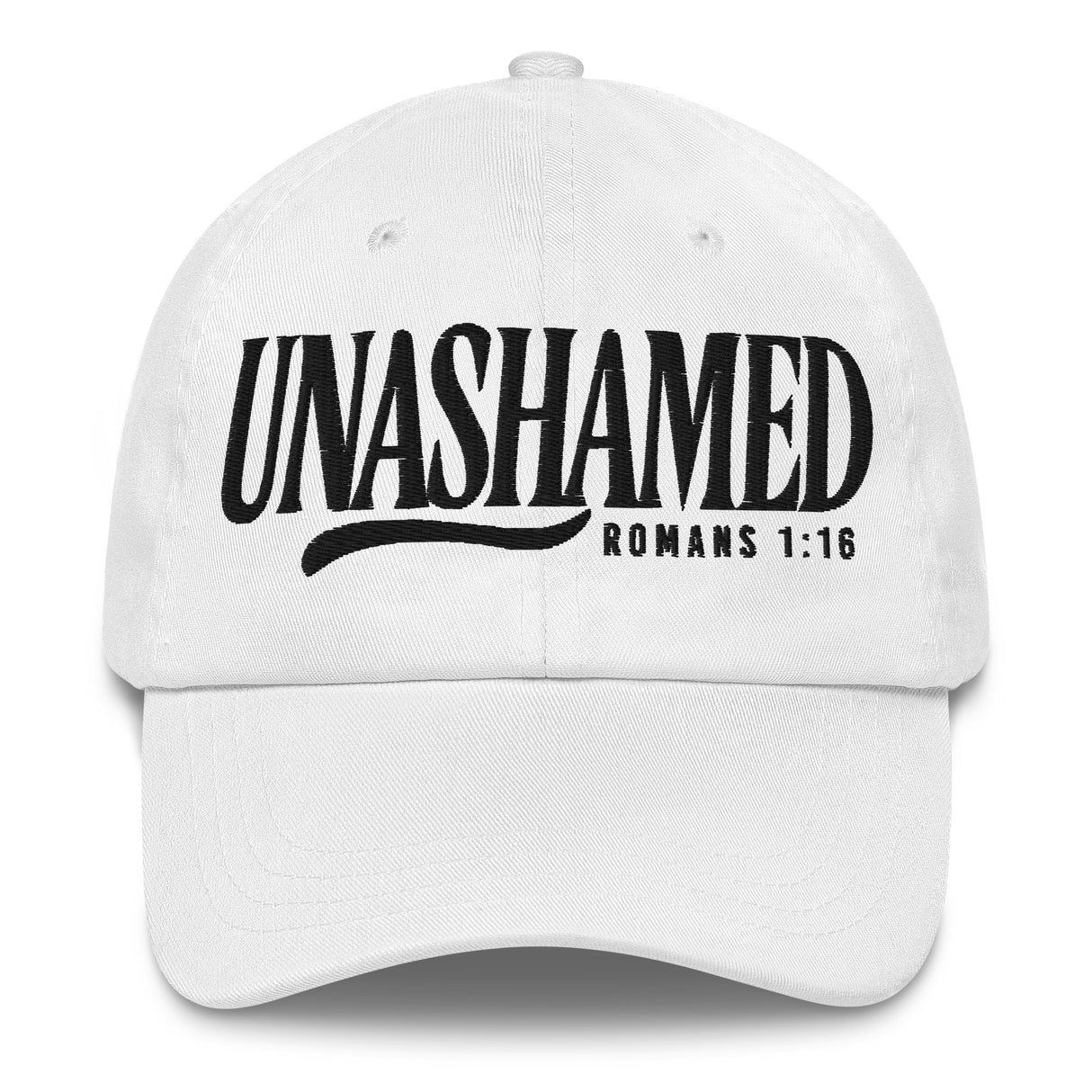 A white baseball cap with black embroidered text reading 'UNASHAMED' and 'ROMANS 1:16' on the front, shown against a plain white background.
