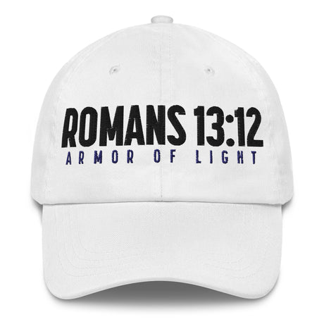 A white baseball cap featuring the text 'ROMANS 13:12' in bold black letters and 'ARMOR OF LIGHT' in dark blue below it, shown against a plain white background.