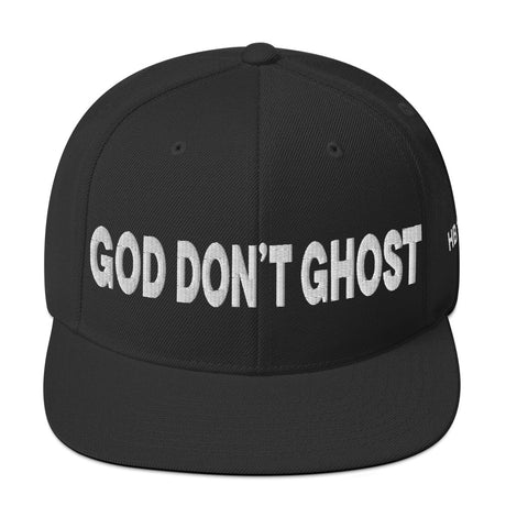 Black cap with 'GOD DON'T GHOST' text on a white background