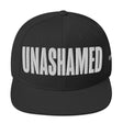 Black cap with 'UNASHAMED' text on a white background