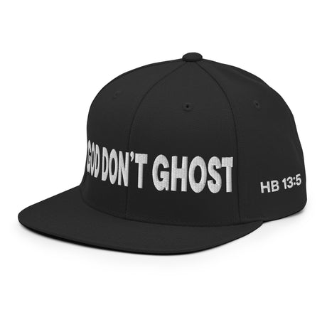 Black cap with 'GOD DON'T GHOST' and 'HB 13:5' text on a white background