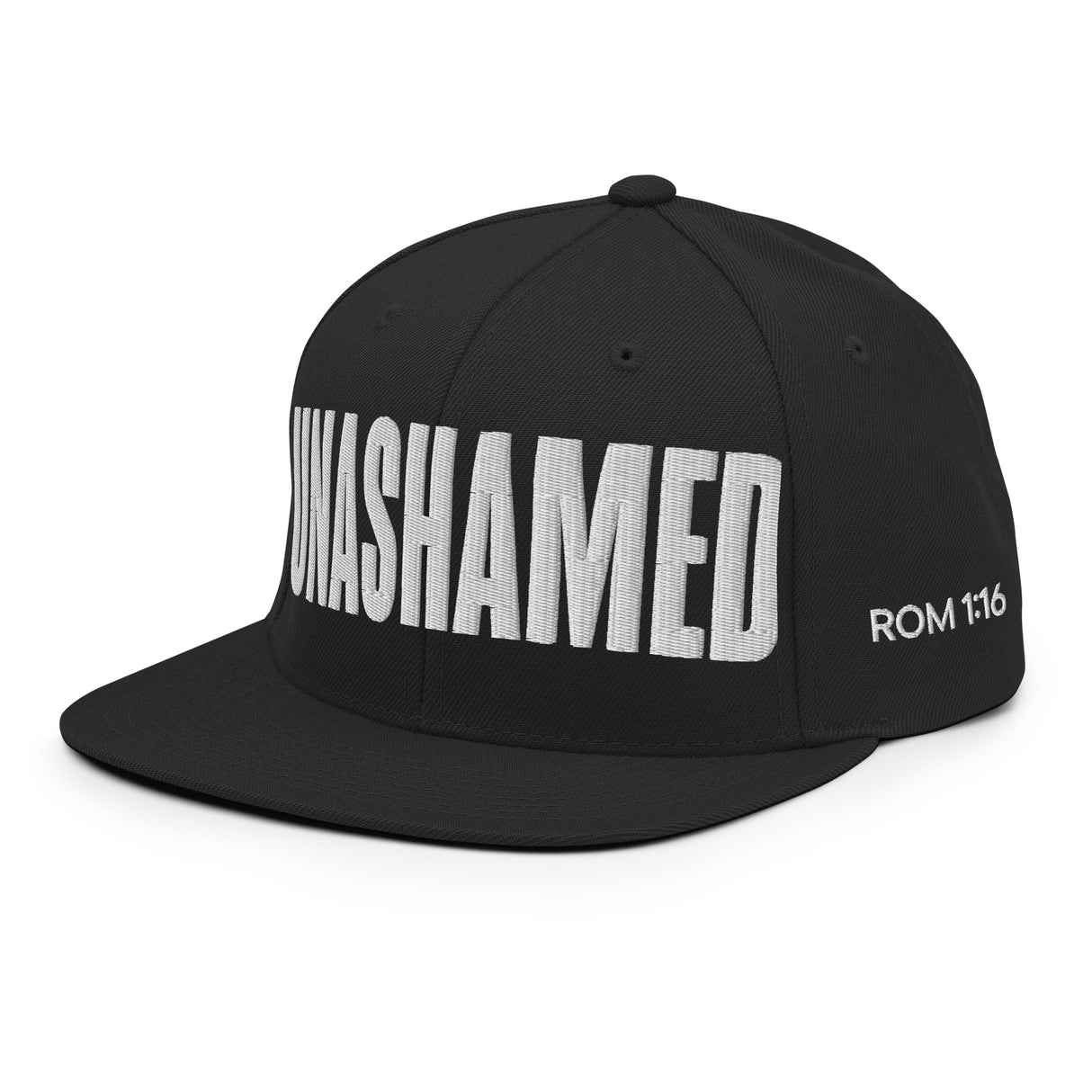 Black cap with 'UNASHAMED' and 'ROM 1:16' text on a white background
