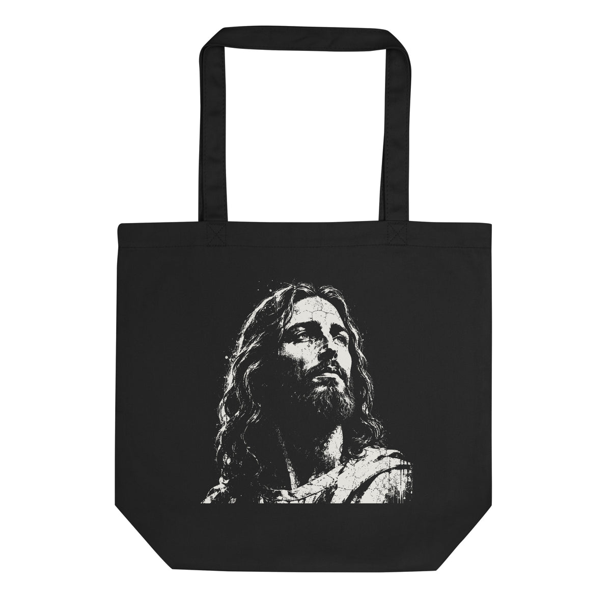Black eco tote bag featuring a distressed cream-white artistic portrait of Jesus looking upward.