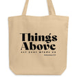Natural oyster-colored eco tote bag featuring a black Things Above Colossians 3:2 typographic design.