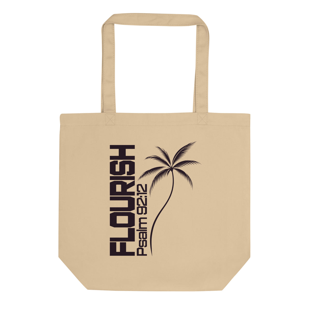Natural oyster-colored eco tote bag with a dark Flourish Psalm 92:12 design and minimalist palm tree graphic.