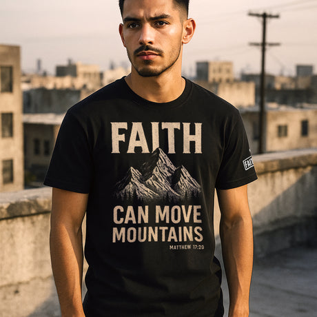 Man wearing Faith Mode's Faith Can Move Mountains Unisex Crewneck Shirt