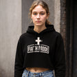 Woman wearing Faith Mode's Official Faith Mode Logo Premium Women's Cropped Hoodie