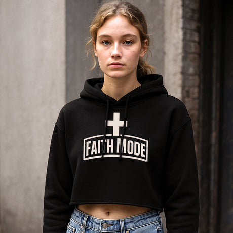 Woman wearing Faith Mode's Official Faith Mode Logo Premium Women's Cropped Hoodie