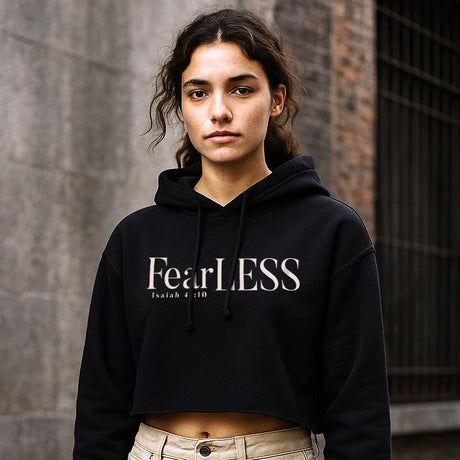 Woman wearing Faith Mode's Premium Fearless Isaiah 41:10 Crop Hoodie