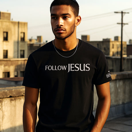 Man wears Faith Mode's premium Follow Jesus Ringspun Cotton Shirt