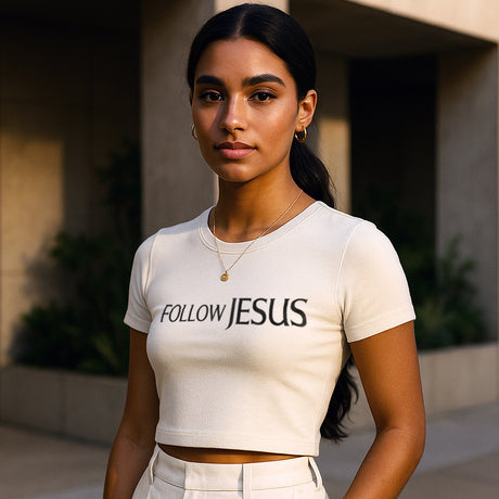 Woman wearing Faith Mode's Follow Jesus Crop Top