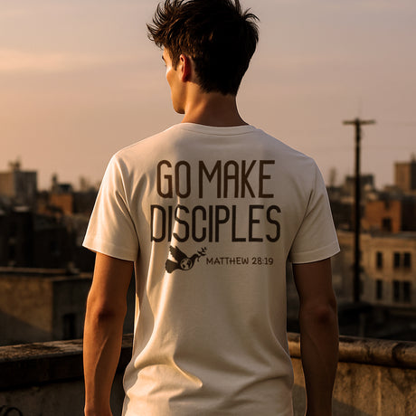 Man Wears Faith Mode's Go Make Disciples Matthew 28:19 Unisex Ringspun Cotton Shirt