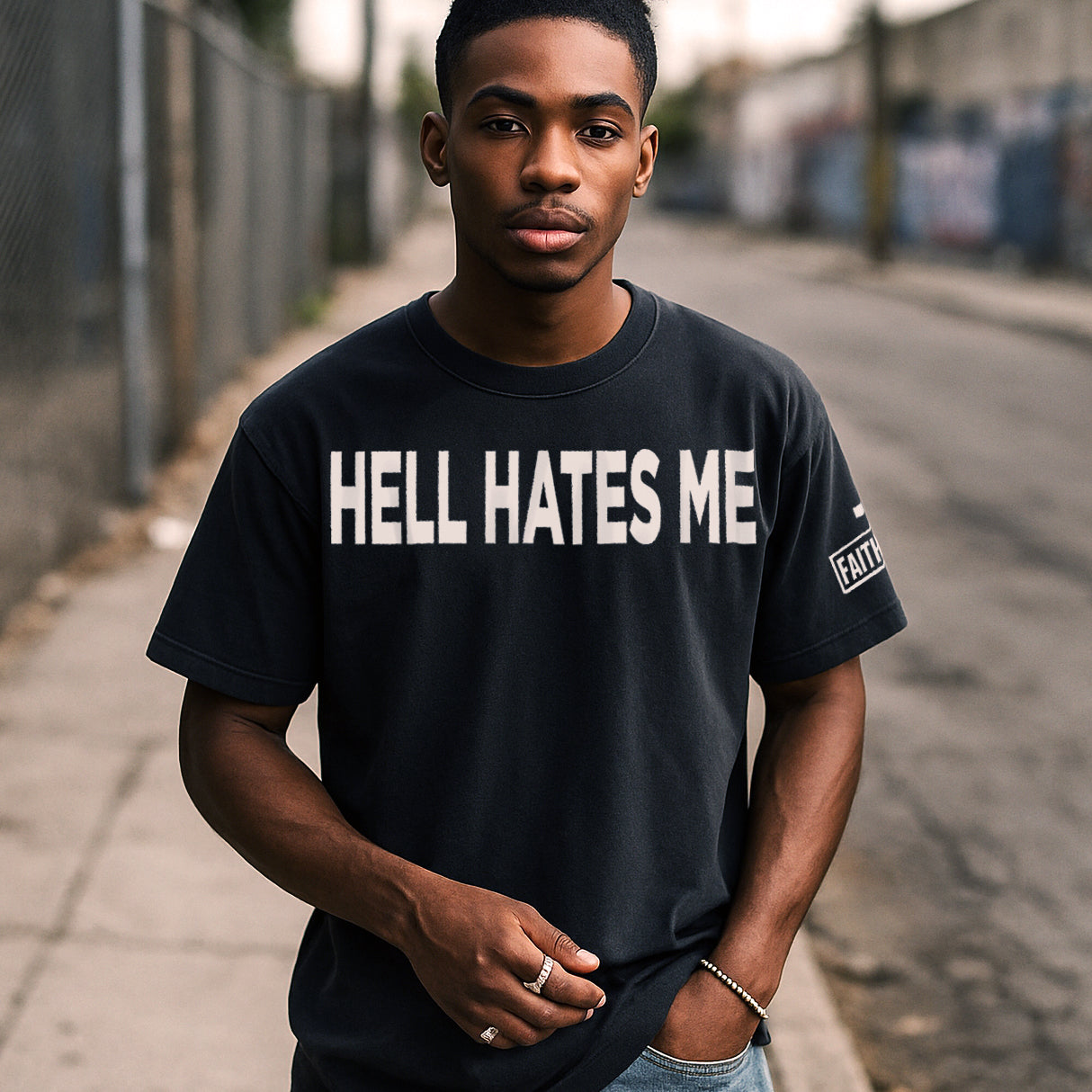 Person wearing a garment-dyed black t-shirt with 'HELL HATES ME' text on a street.