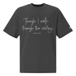 Front view of a Faded Black oversized tee featuring Though I Walk Through the Valley in cream script, Psalm 23:4, and a small Faith Mode sleeve logo.