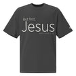 Front view of a Faded Black oversized tee featuring cream But First, Jesus lettering, Matthew 6:33, and a small Faith Mode logo on the left sleeve.