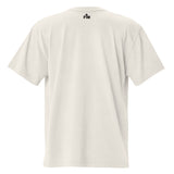 Small black "FM" Faith Mode logo printed on the upper back neck of a faded-bone oversized tee