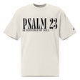 Front view of a faded bone oversized tee featuring black PSALM 23 lettering with He Restores My Soul underneath and a small Faith Mode logo on the sleeve.