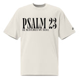 Front view of a faded bone oversized tee featuring black PSALM 23 lettering with He Restores My Soul underneath and a small Faith Mode logo on the sleeve.
