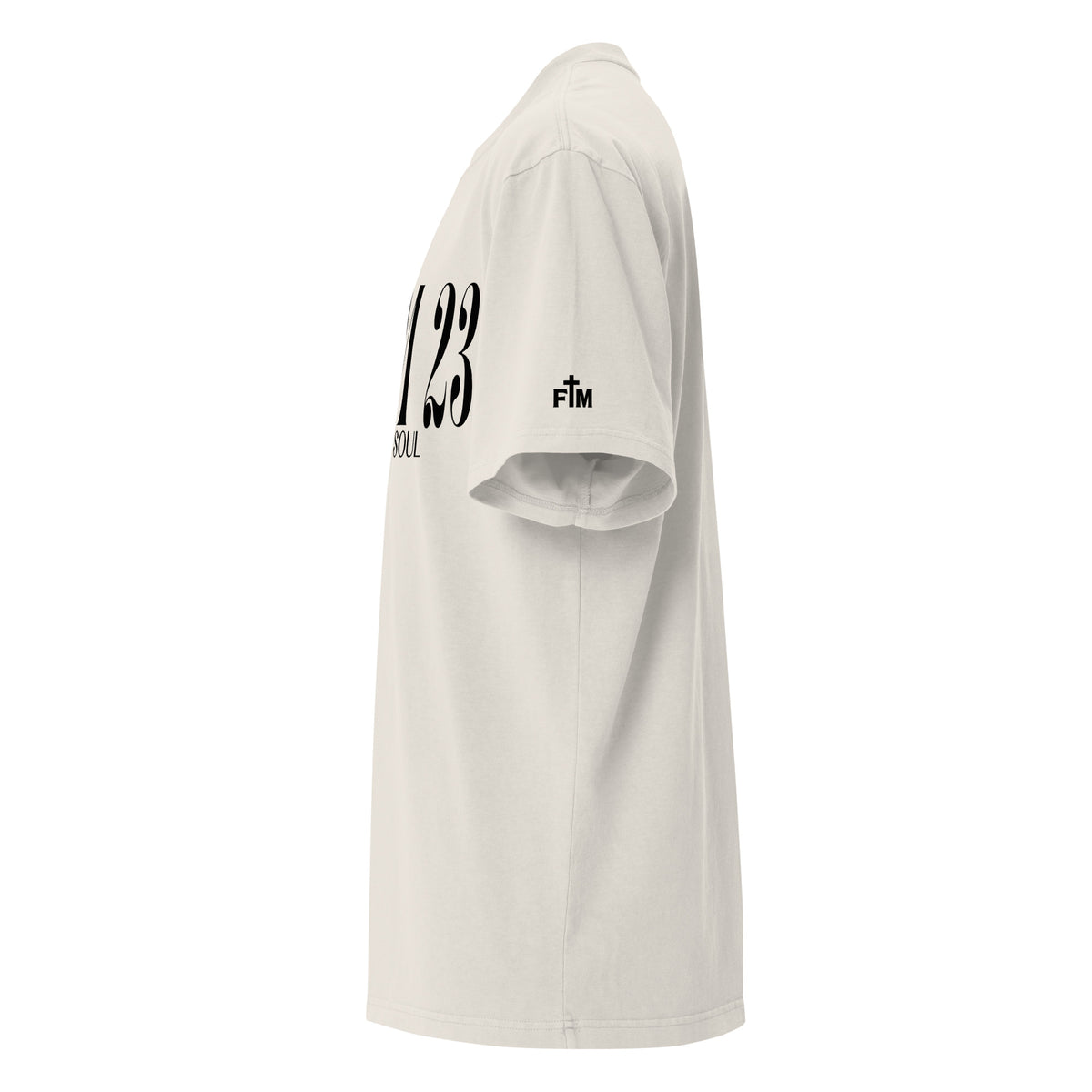 Black Faith Mode logo on left sleeve of bone-colored oversized tee