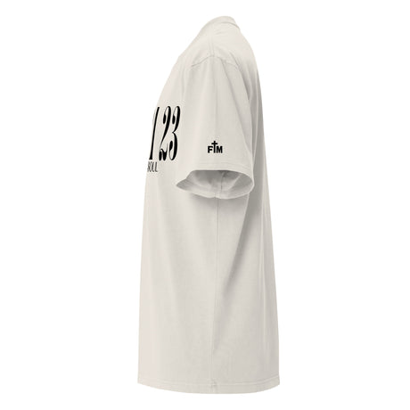 Black Faith Mode logo on left sleeve of bone-colored oversized tee