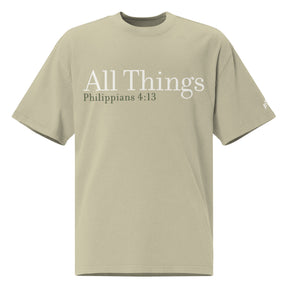 Front view of a Faded Eucalyptus oversized tee featuring cream All Things lettering, Philippians 4:13 beneath it, and a small Faith Mode logo on the left sleeve.