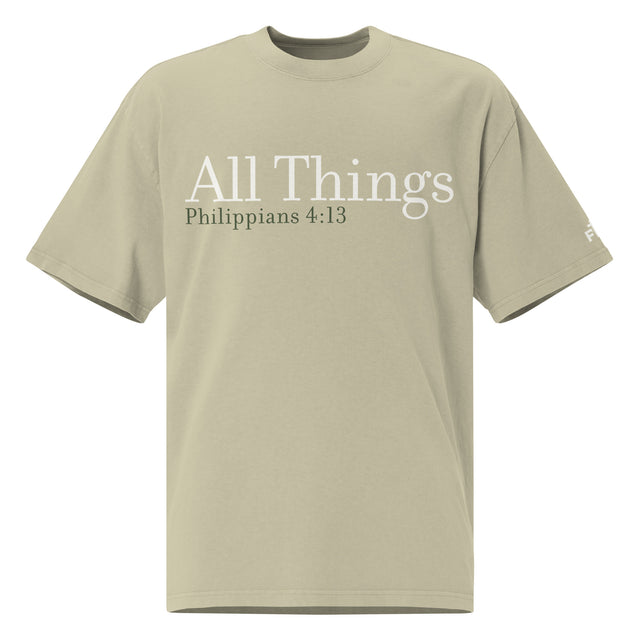 Front view of a Faded Eucalyptus oversized tee featuring cream All Things lettering, Philippians 4:13 beneath it, and a small Faith Mode logo on the left sleeve.