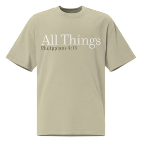 Front view of a Faded Eucalyptus oversized tee featuring cream All Things lettering, Philippians 4:13 beneath it