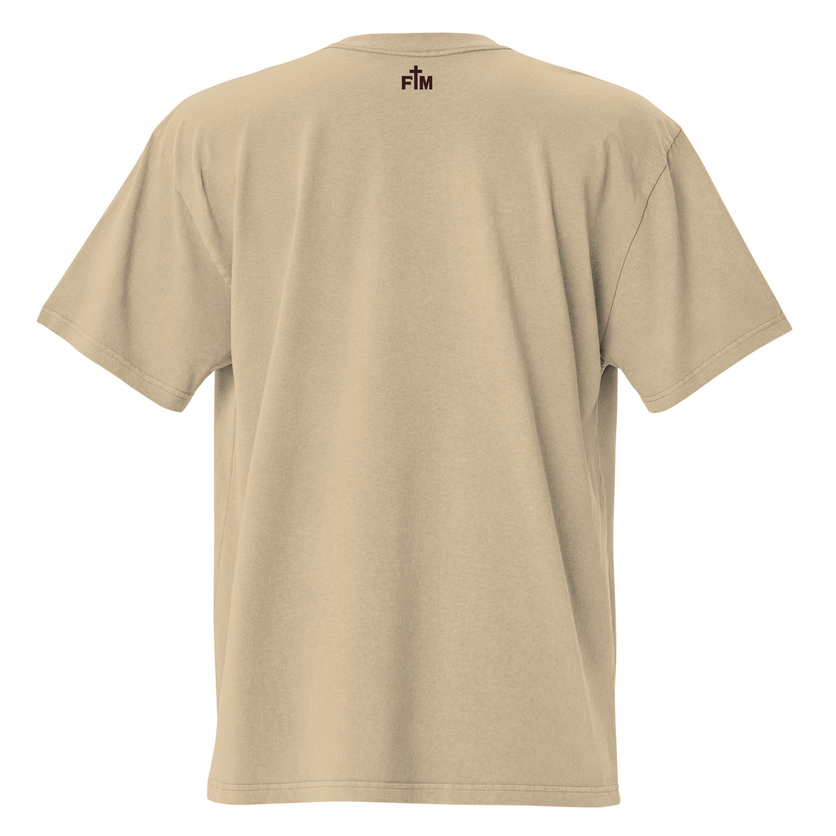 Small maroon "FM" Faith Mode logo printed on the upper back neck of a faded-khaki oversized tee