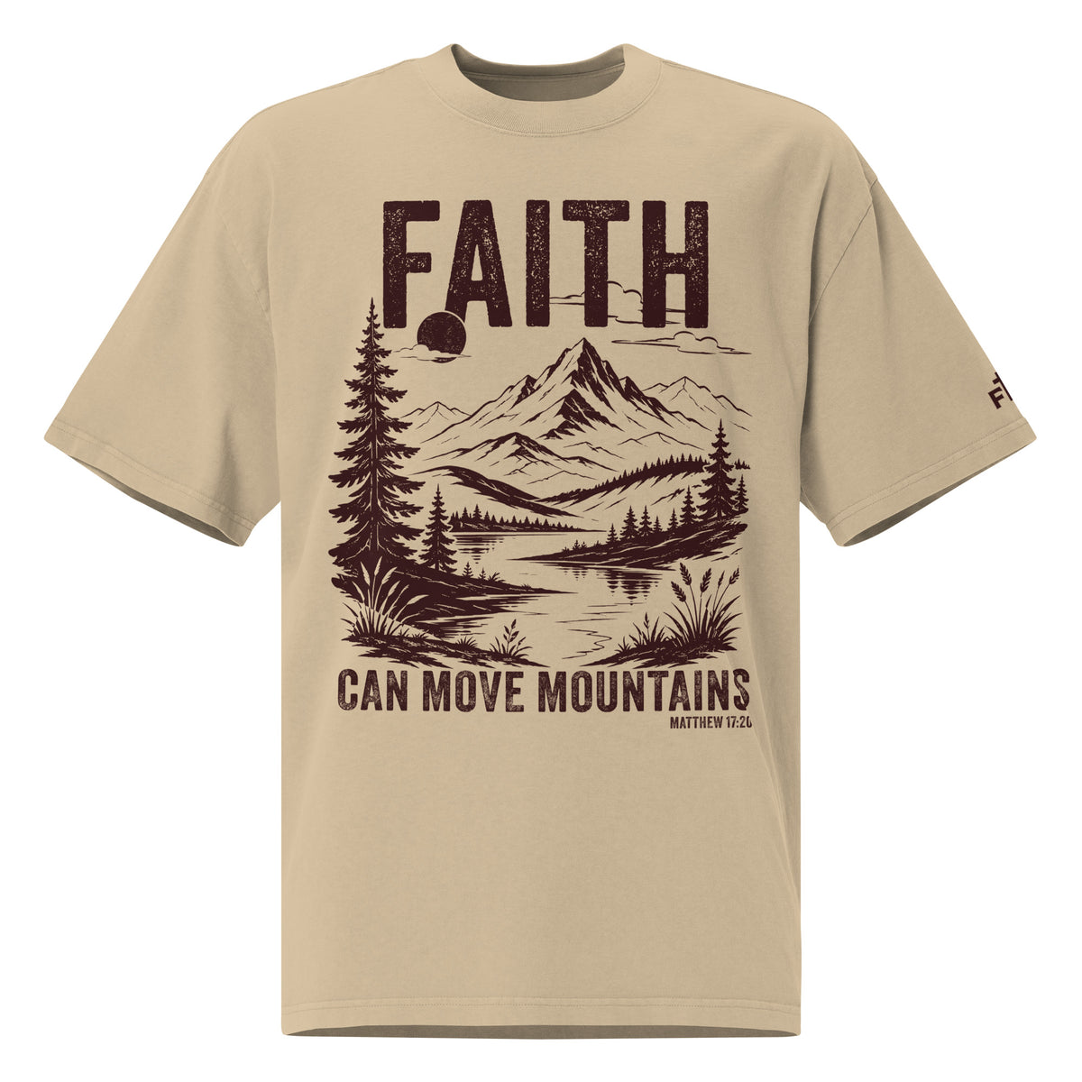 Front view of a Faded Khaki oversized tee featuring deep plum Faith Can Move Mountains lettering, a mountain and lake illustration, Matthew 17:20, and a small sleeve logo.
