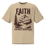 Front view of a Faded Khaki oversized tee featuring deep plum Faith Can Move Mountains lettering, a mountain and lake illustration, Matthew 17:20, and a small sleeve logo.