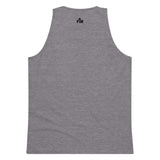 Small black Faith Mode logo printed on the upper back neck of a men's athletic heather tank top