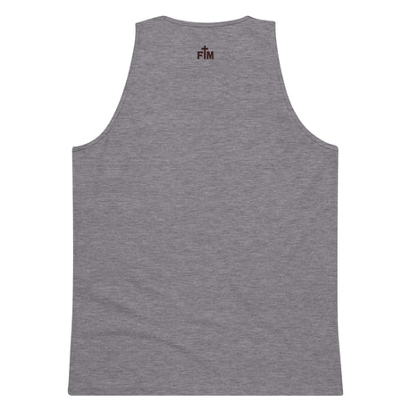 Small maroon Faith Mode logo printed on the upper back neck of a men's premium athletic heather tank top