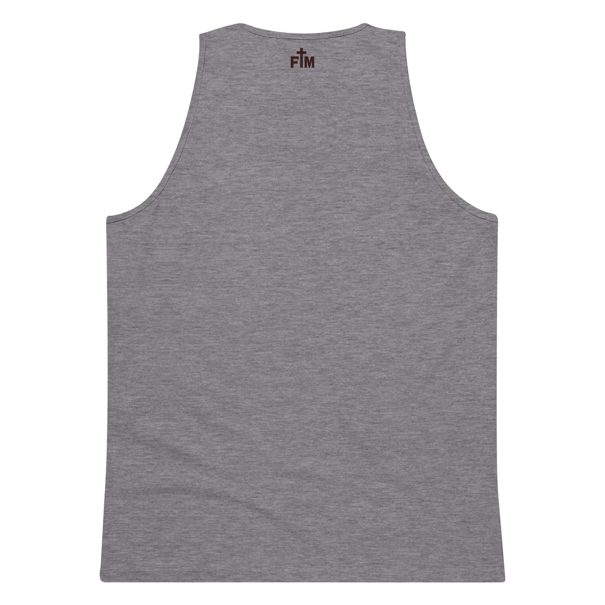 Small maroon Faith Mode logo printed on the upper back neck of a men's premium athletic heather tank top