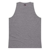 Small maroon Faith Mode logo printed on the upper back neck of a men's premium athletic heather tank top