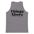 Athletic heather men’s tank top featuring a black Things Above Colossians 3:2 typographic design on the front.