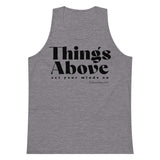 Athletic heather men’s tank top featuring a black Things Above Colossians 3:2 typographic design on the front.