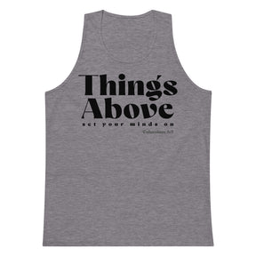 Athletic heather men’s tank top featuring a black Things Above Colossians 3:2 typographic design on the front.
