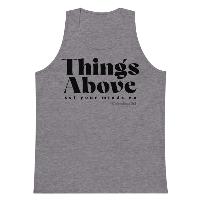 Athletic heather men’s tank top featuring a black Things Above Colossians 3:2 typographic design on the front.