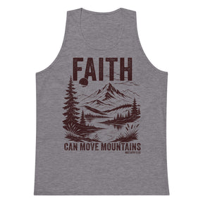 Athletic heather men’s tank top featuring a distressed burgundy mountain landscape and Faith Can Move Mountains Matthew 17:20 text.