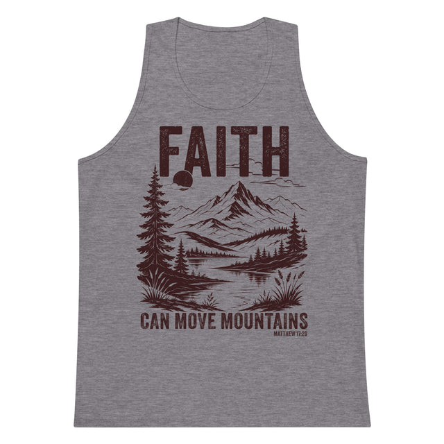 Athletic heather men’s tank top featuring a distressed burgundy mountain landscape and Faith Can Move Mountains Matthew 17:20 text.