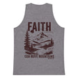 Athletic heather men’s tank top featuring a distressed burgundy mountain landscape and Faith Can Move Mountains Matthew 17:20 text.
