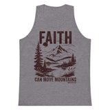 Athletic heather men’s tank top featuring a distressed burgundy mountain landscape and Faith Can Move Mountains Matthew 17:20 text.
