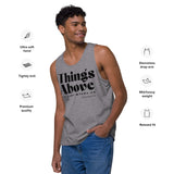 Athletic heather men’s tank top featuring a black Things Above Colossians 3:2 typographic design on the front.