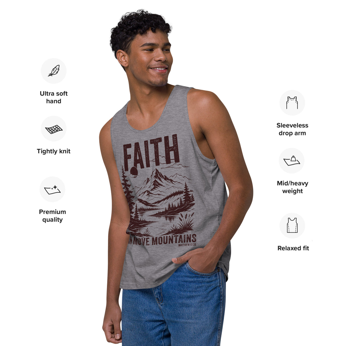 Athletic heather men’s tank top featuring a distressed burgundy mountain landscape and Faith Can Move Mountains Matthew 17:20 text.
