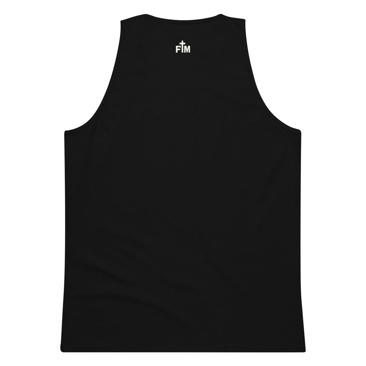 Small cream white Faith Mode logo shown on the upper back neck of a black men's tank top