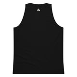 Small cream white Faith Mode logo shown on the upper back neck of a black men's tank top